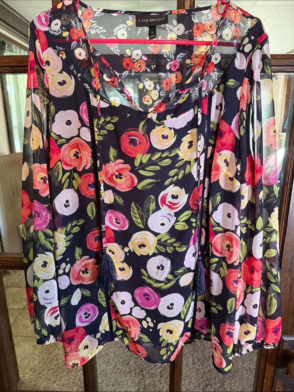 Lane Bryant Navy Floral Chiffon Tassel Tie Boho Blouse Size 14 Long Sleeve Top